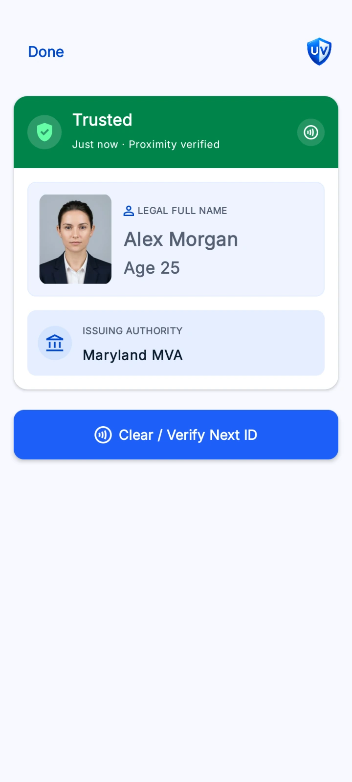 Android results screen showing a sample trusted ID with portrait, name, age, and issuing authority.