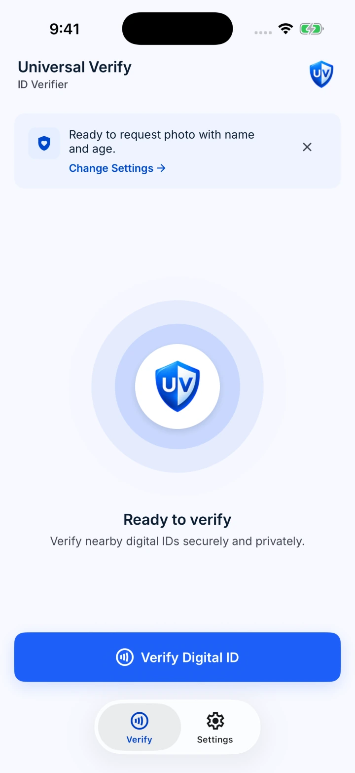 iPhone app ready to verify, with name and age selected and the Verify Digital ID button.
